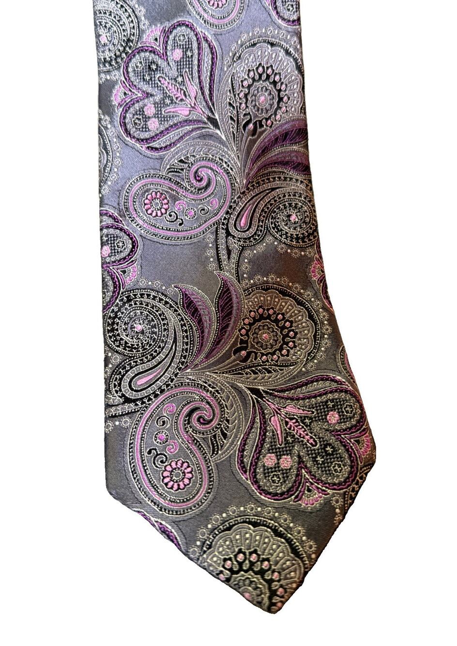 TED BAKER London Floral Paisley Silk Tie Silver Purple Necktie 3.5" X 60"